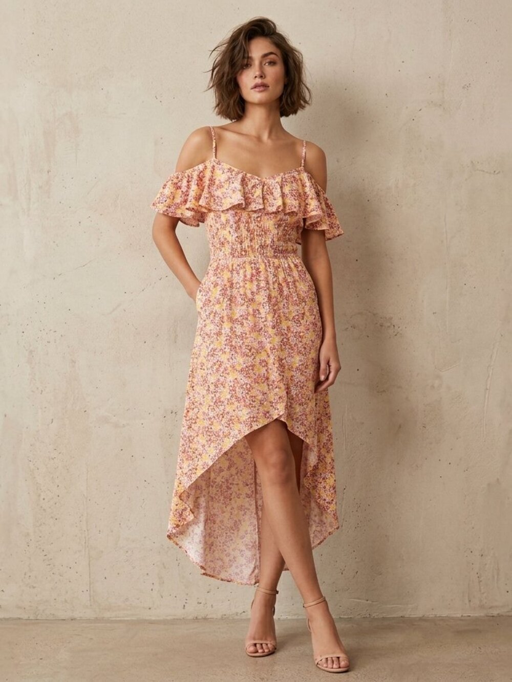 As U Wish Pink Floral High-Low Maxi Dress L Cottagecore Boho Ruffle Summer